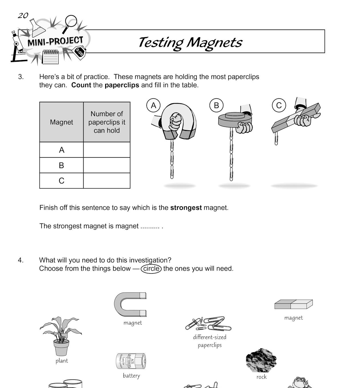 Sample page from the workbook showing questions on testing magnet strength with diagrams