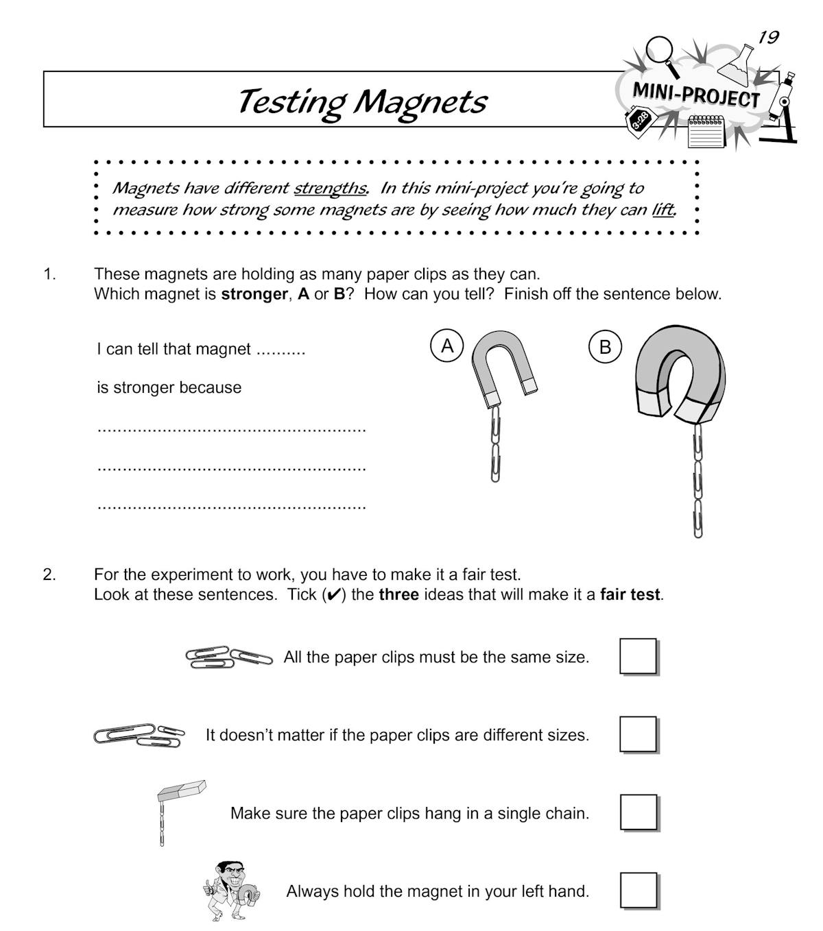Inside page showing mini-project on testing magnets with practical tasks