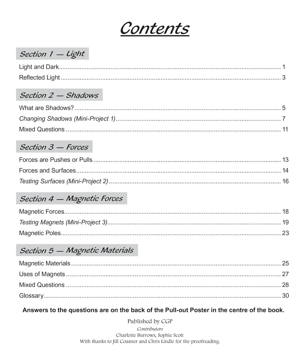 Contents page showing sections on light, shadows, forces and magnetic forces with mini-projects