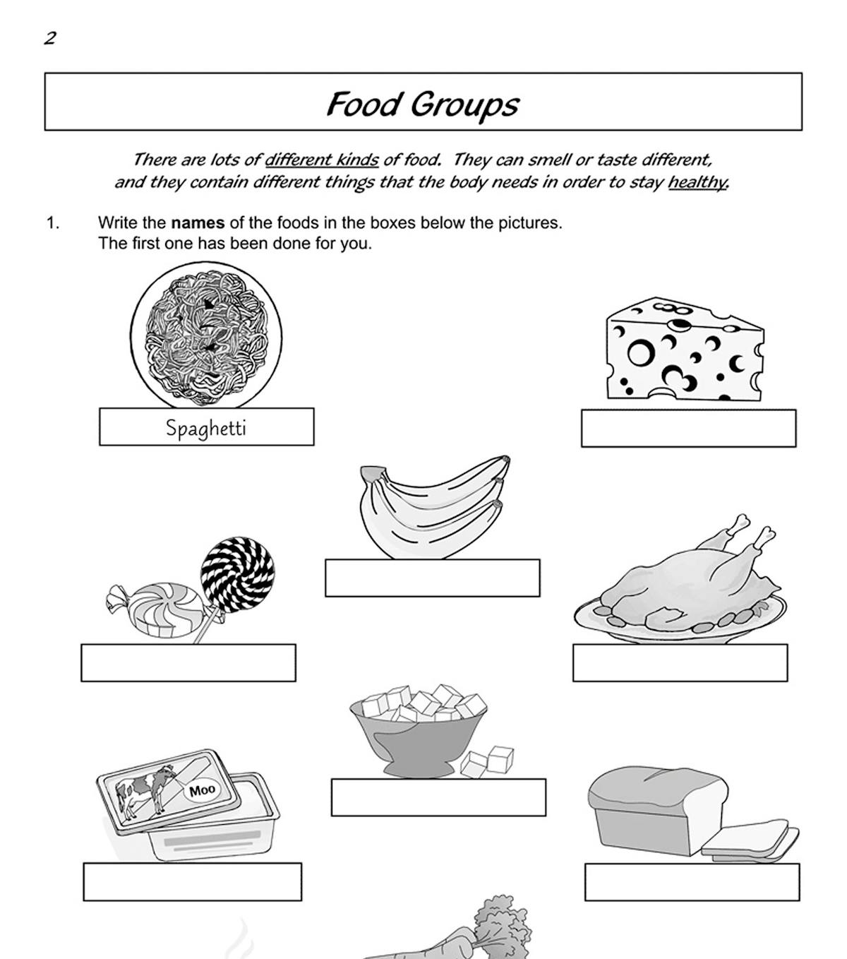 Sample workbook pages featuring food identification and categorisation exercises
