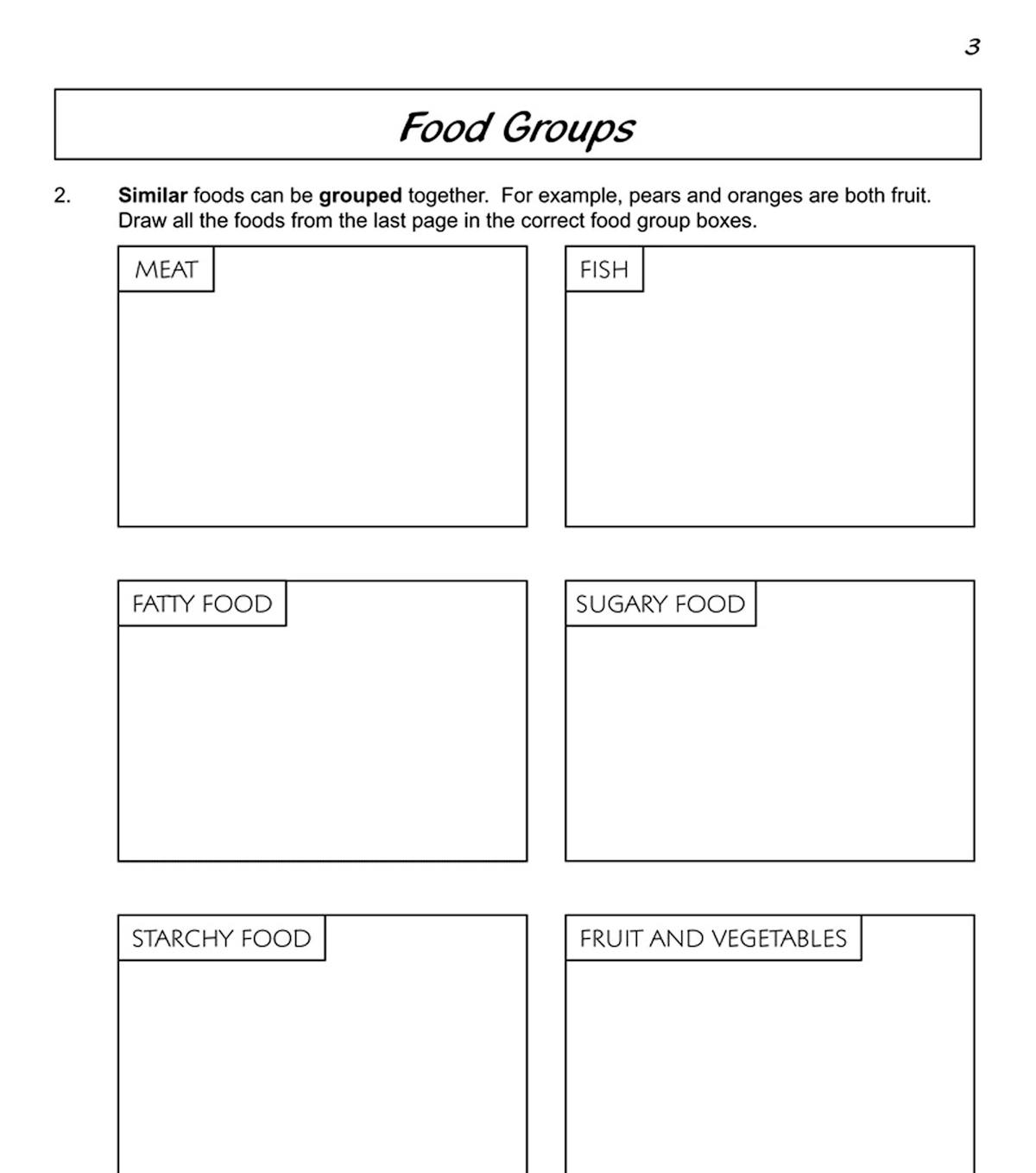 Inside pages showing food group sorting activities and practical science tasks
