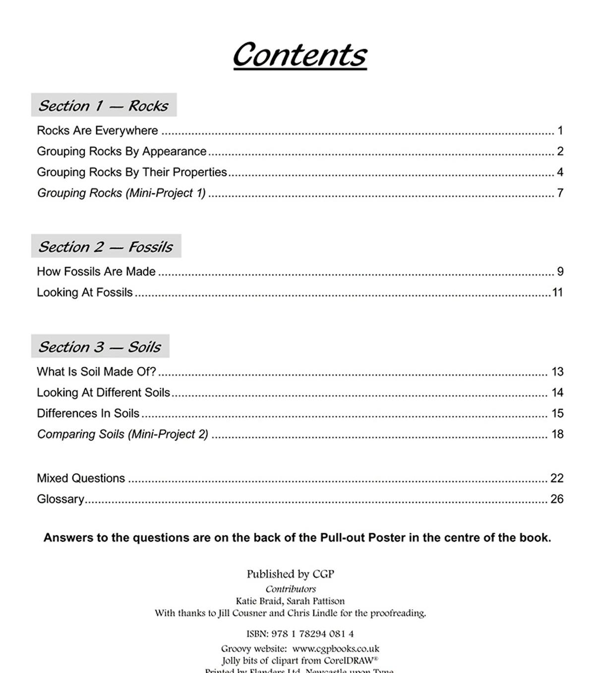 Contents page showing three sections: Rocks, Fossils and Soils, with mini-projects and mixed questions included