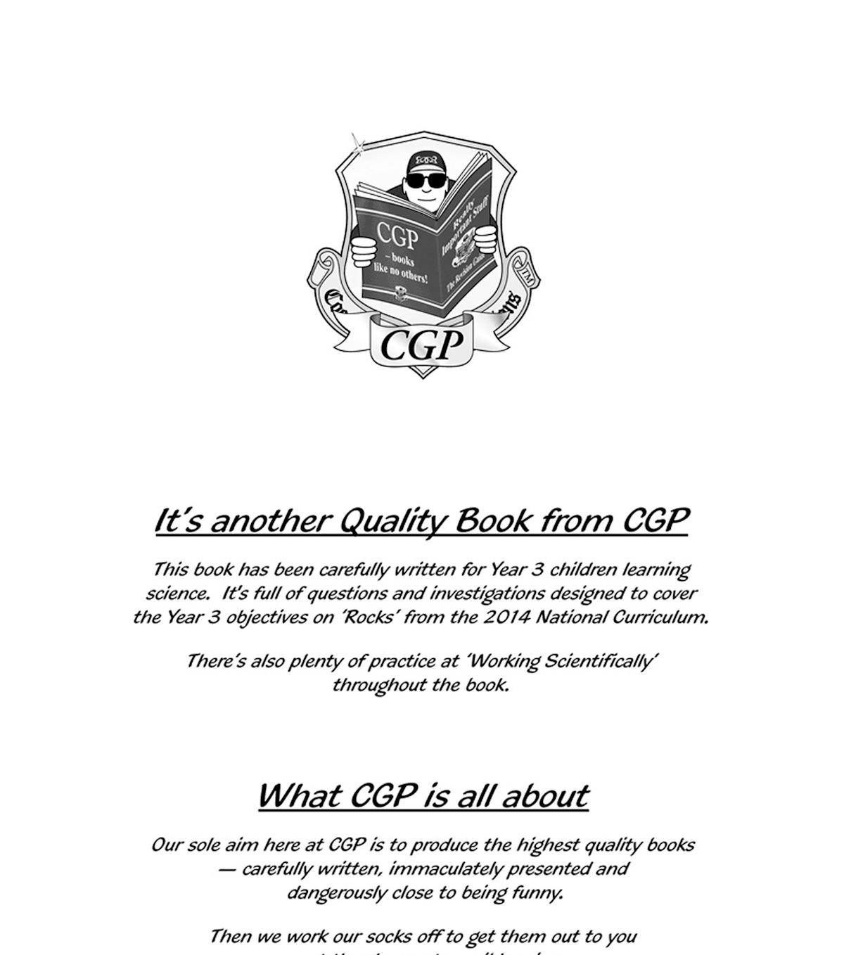 Sample workbook page with CGP branding and introduction text explaining Year 3 objectives for rocks