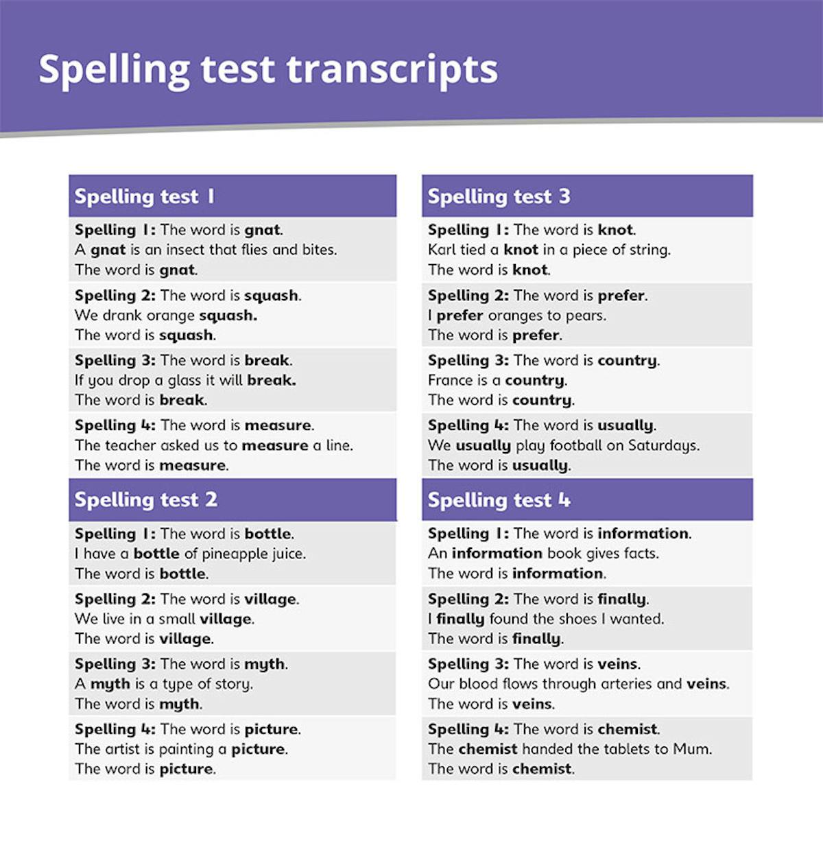 Spelling test transcripts showing word lists and example sentences