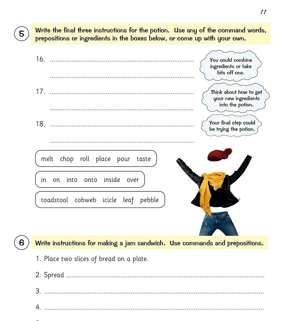 Inside page showing writing instructions exercise with prepositions and command words