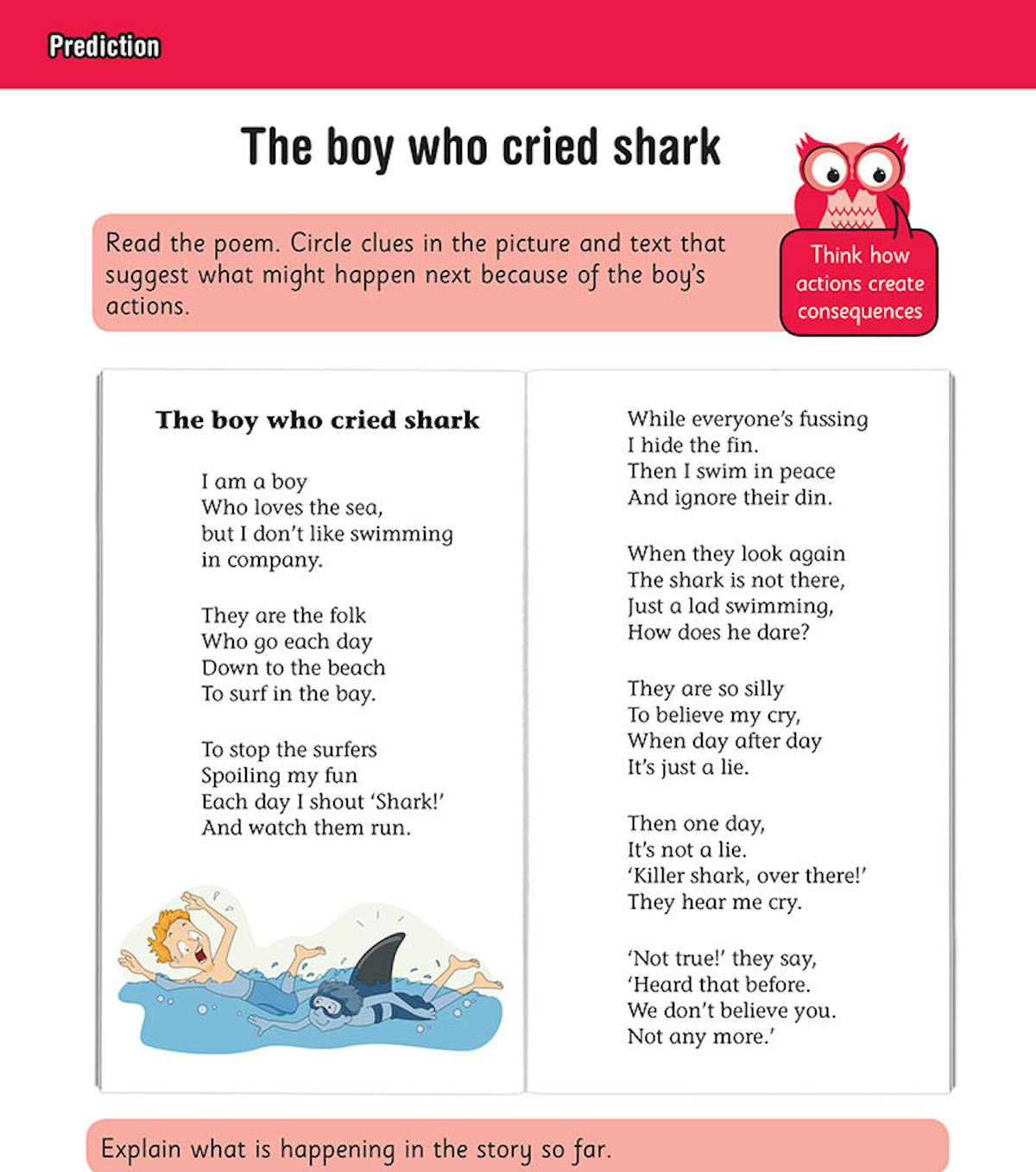 Cover of Year 4 Comprehension Workbook showing a boy reading and prediction activities