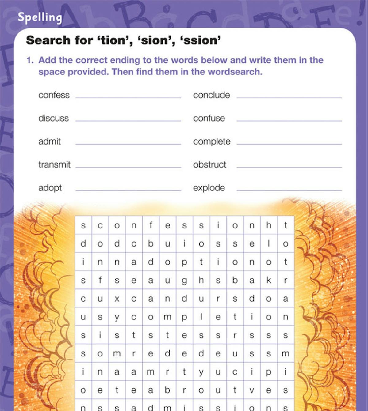 Spelling activity page showing word endings and wordsearch puzzle