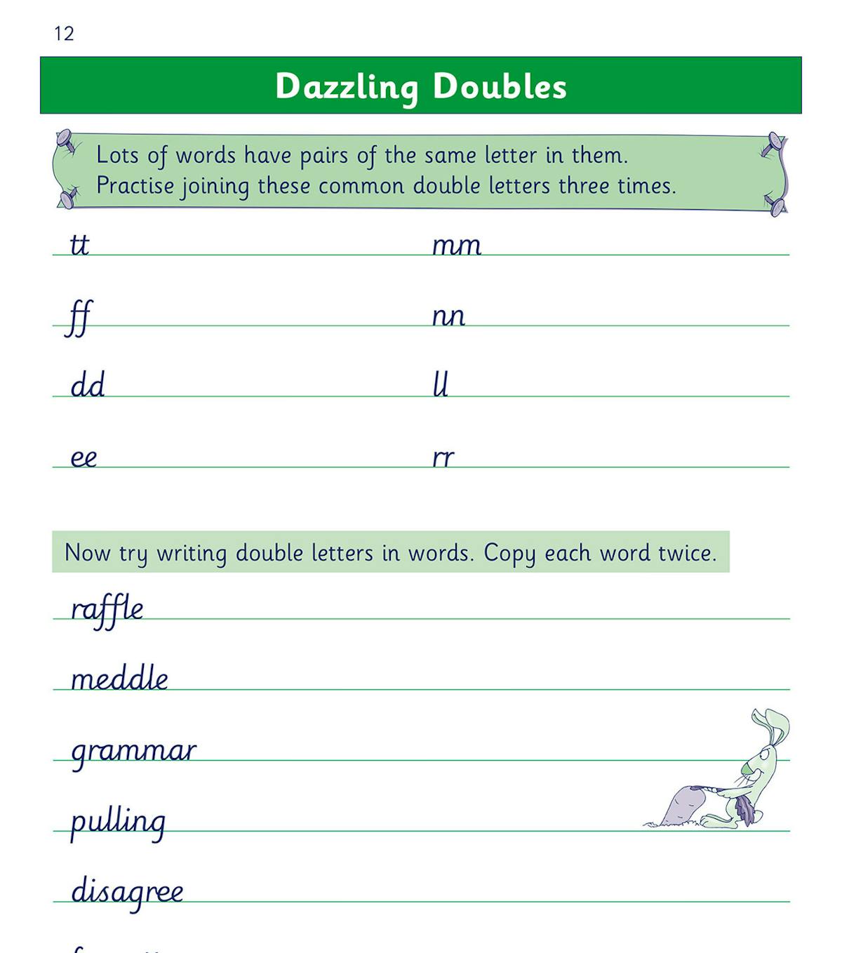 Practice page showing double letter joins in words like raffle, meddle, and grammar