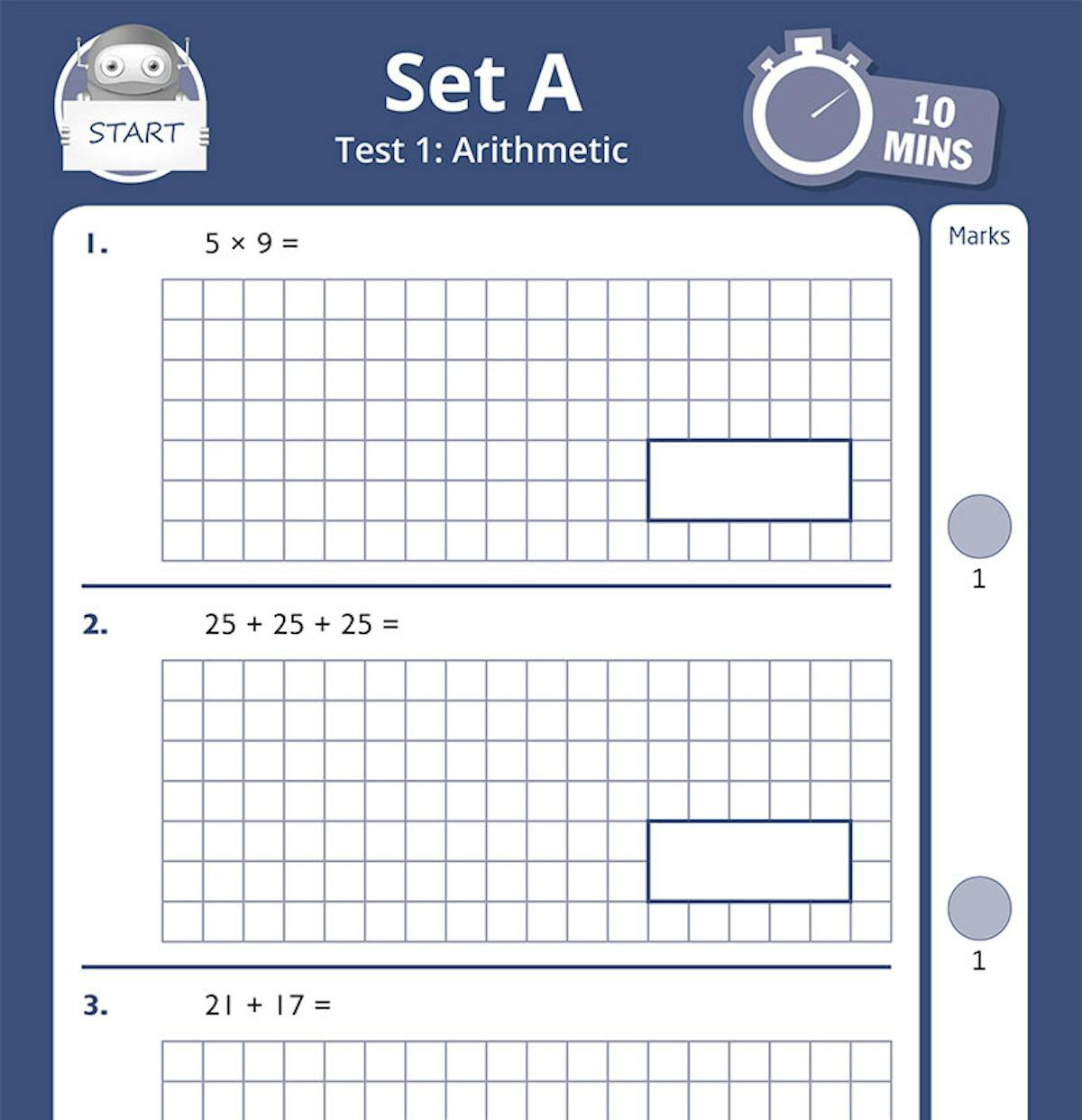 Year 4 Maths 10-Minute SATs Tests showing Set A Test 1 Arithmetic page with grid-based maths questions