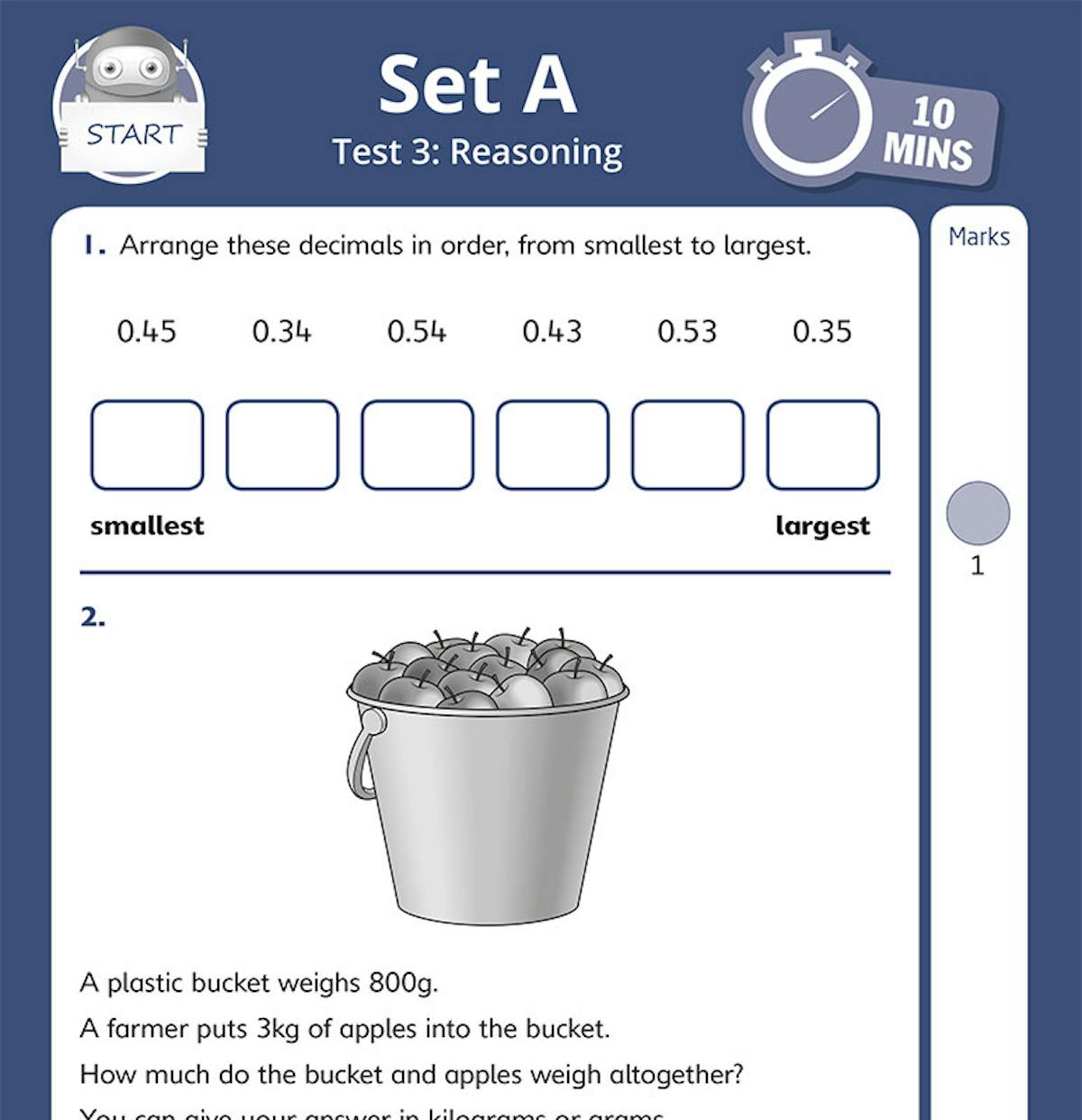 Sample reasoning test page showing Set A Test 3 with decimal ordering and word problem questions
