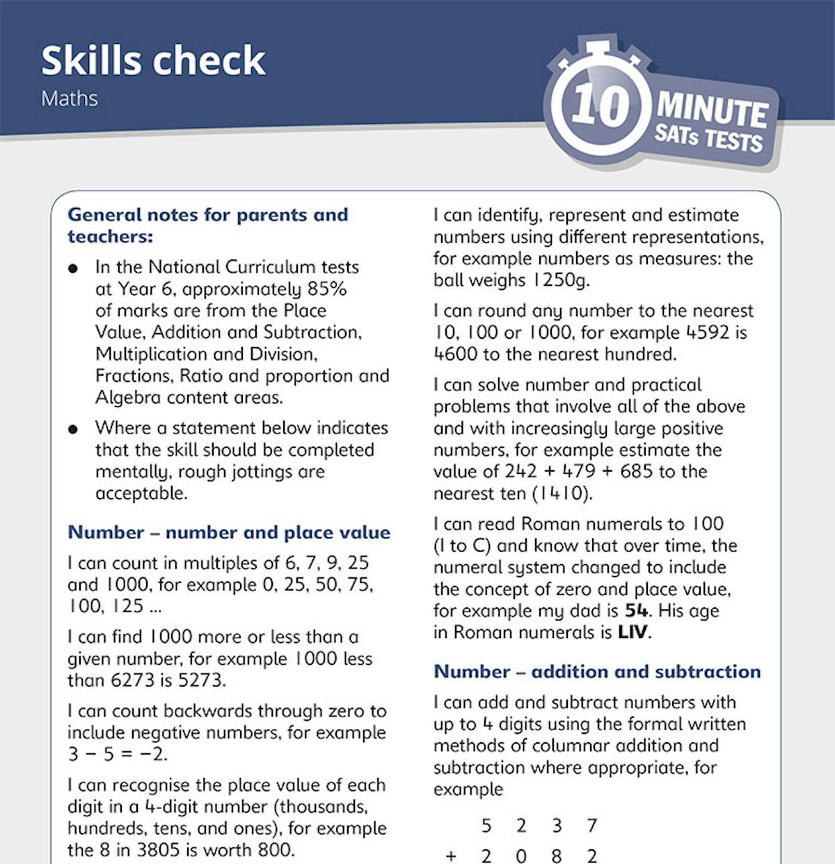 Skills check page for maths showing curriculum objectives for number and place value