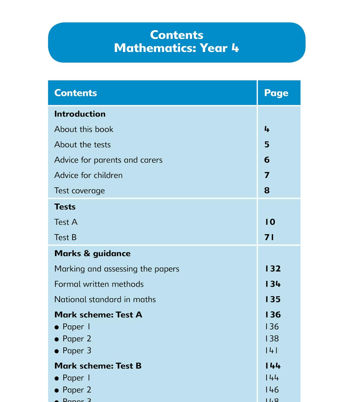 Year 4 Maths SATs Practice Papers contents page showing three full practice tests and detailed mark schemes