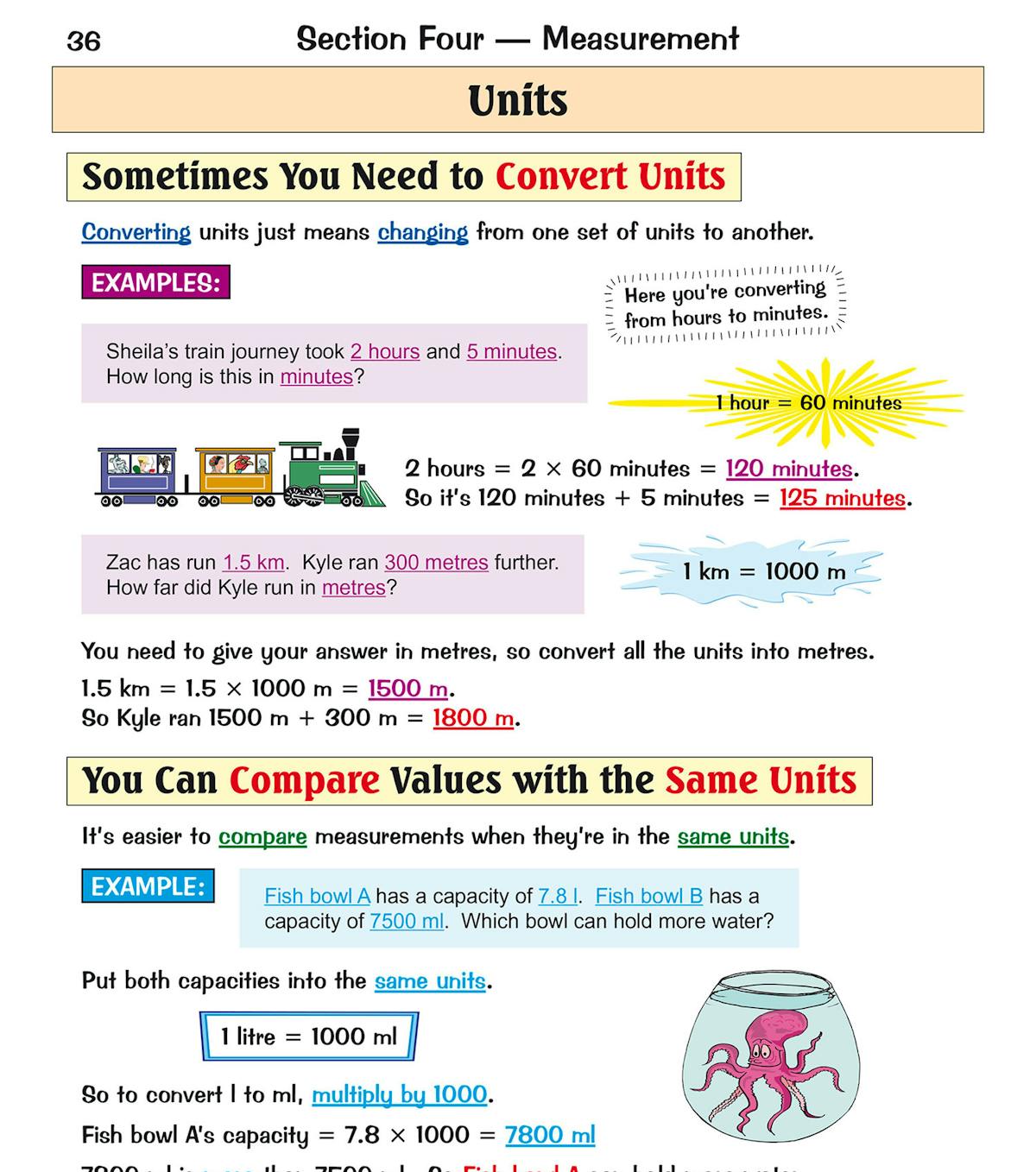 Page showing unit conversion examples with kilometres, metres and millilitres