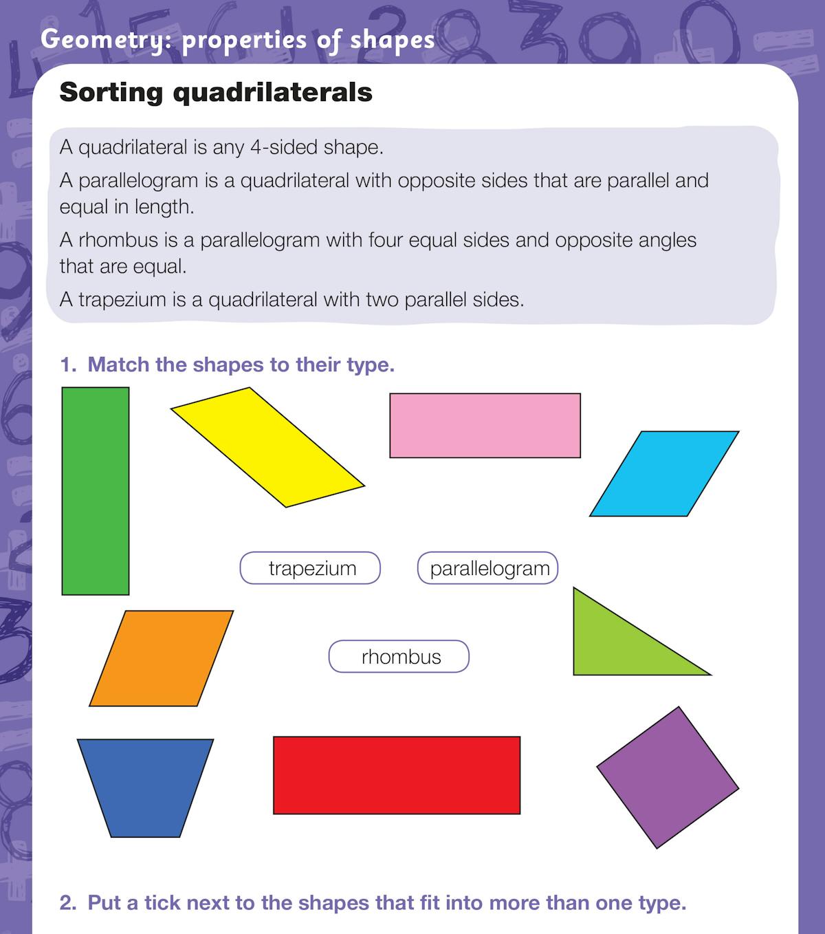 Sample page from the Scholastic Year 4 Maths Workbook showing geometry questions on quadrilaterals