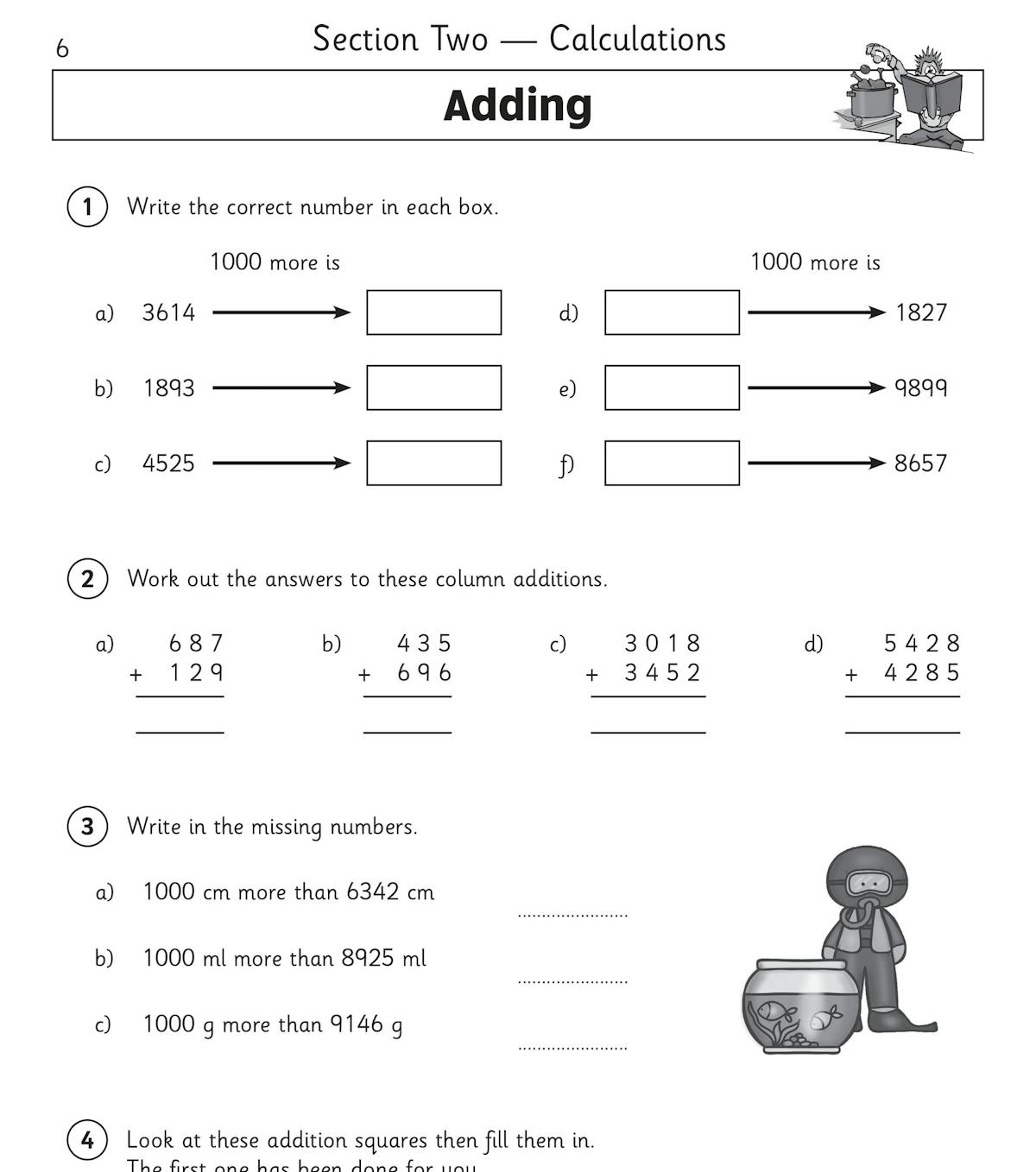 Inside page showing addition questions including column addition and addition squares