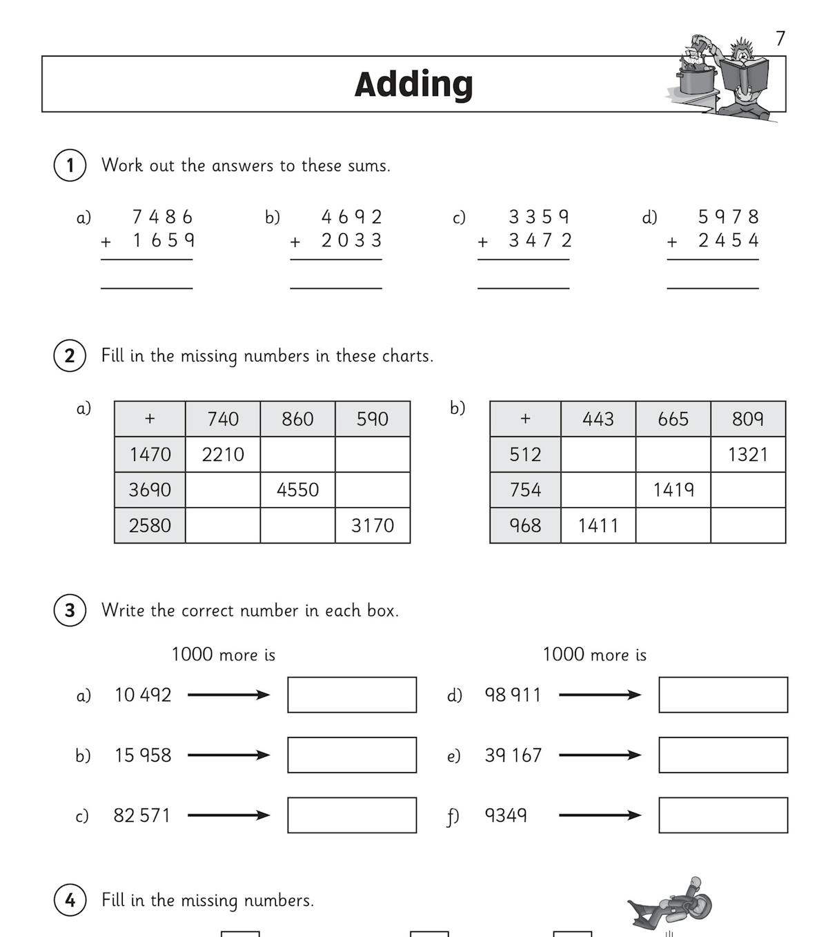 Sample page from the Year 4 Maths Workout Book showing addition practice questions