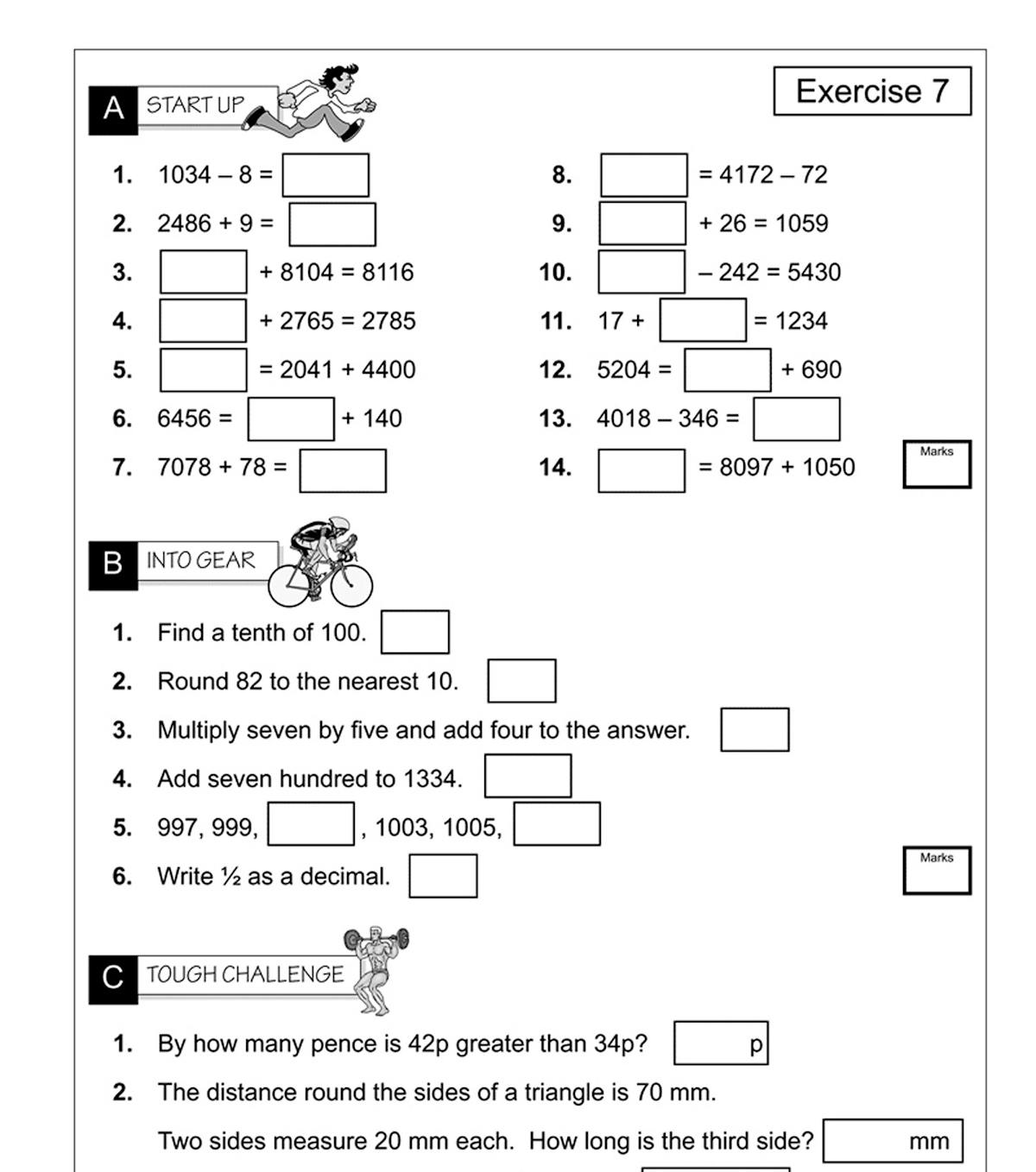 Sample page from Year 4 Mental Maths Workout Book showing structured exercises with Start Up, Into Gear and Tough Challenge sections