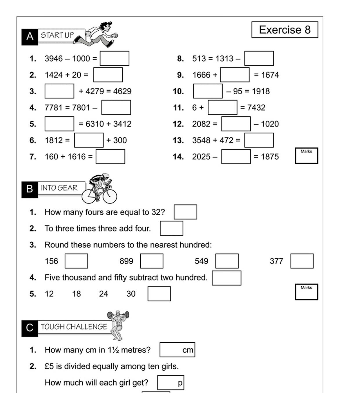 Another sample page from the Year 4 Mental Maths Workout Book displaying varied question types including word problems and calculations