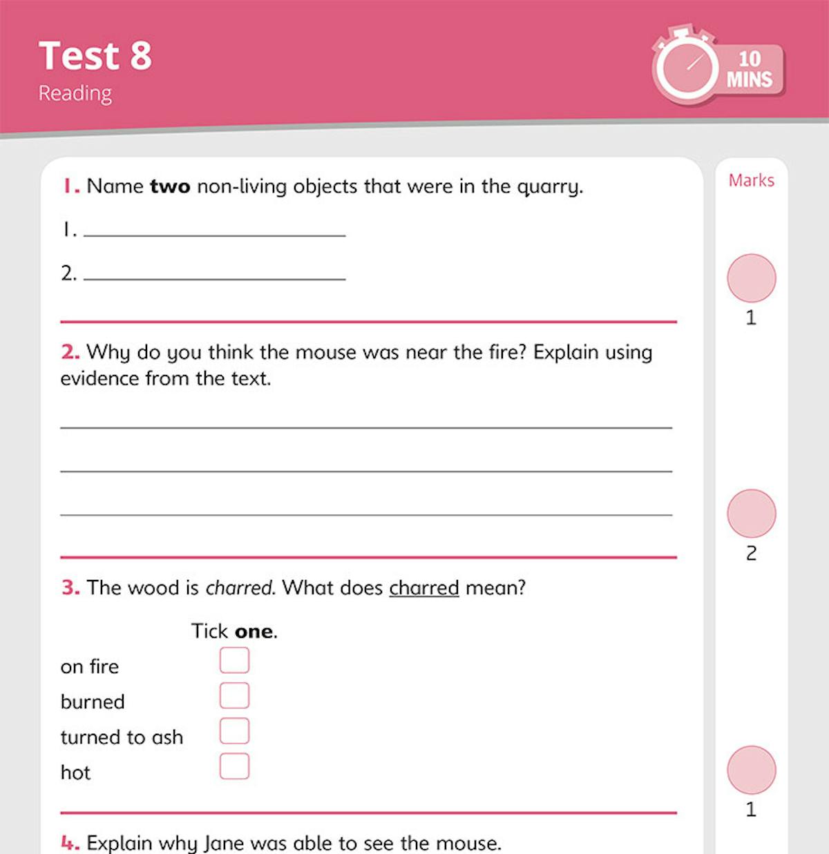 Sample reading test page showing timed questions with mark allocations