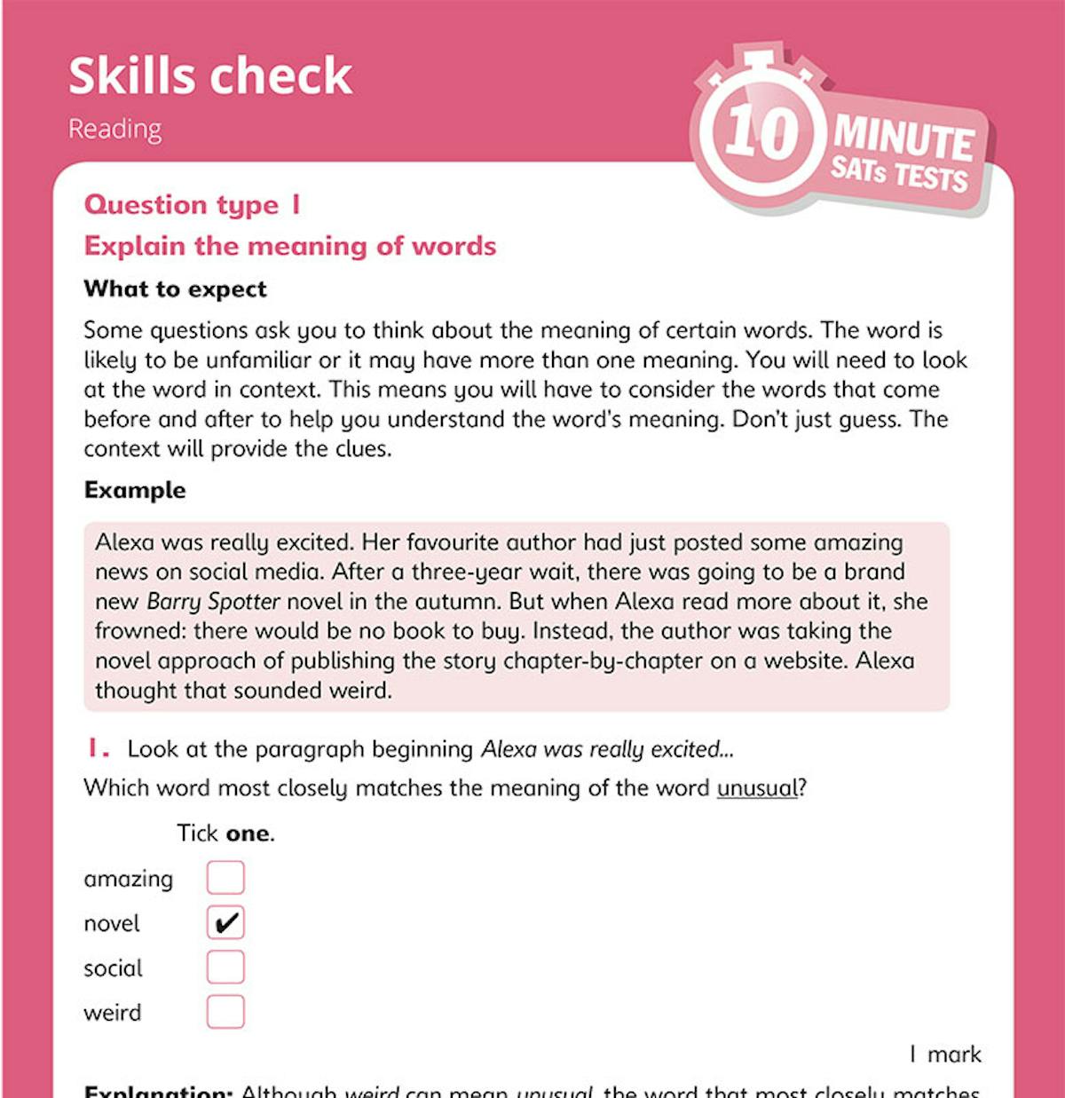 Skills check page explaining question types with worked examples and explanations