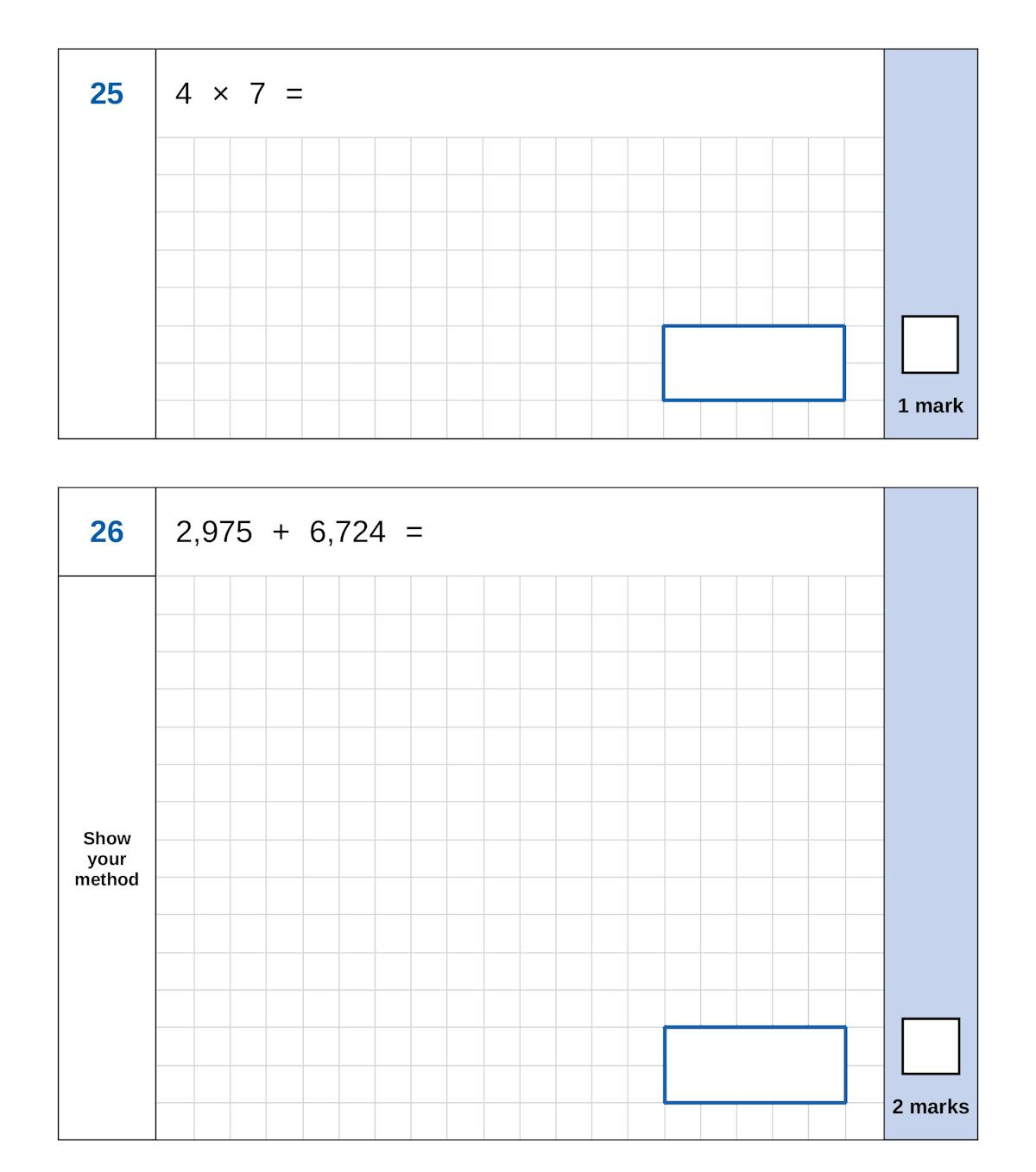 Sample arithmetic questions showing multiplication and multi-digit addition with answer boxes and mark allocations