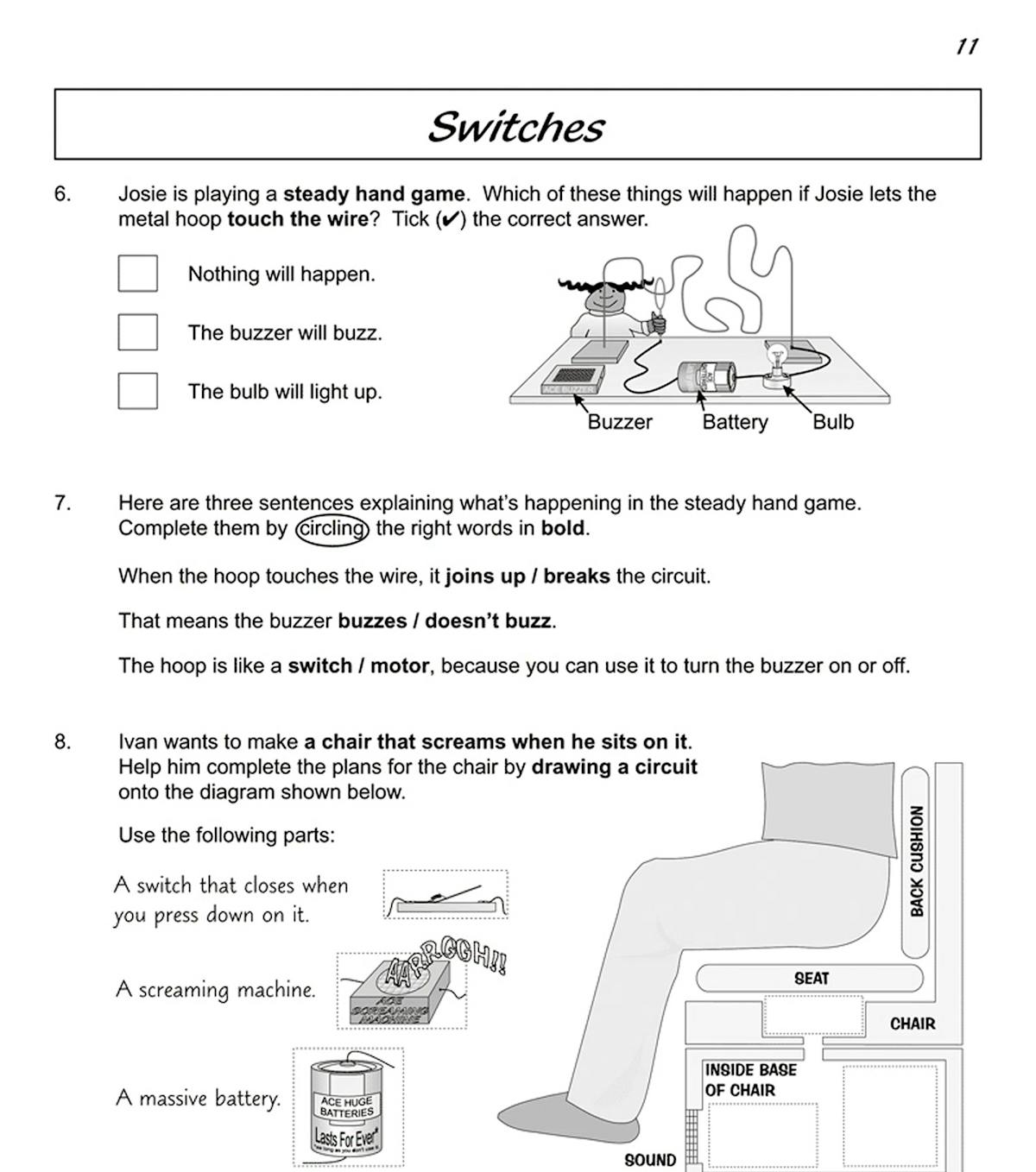 Sample page from the Electricity workbook showing circuit diagram questions and switches activities