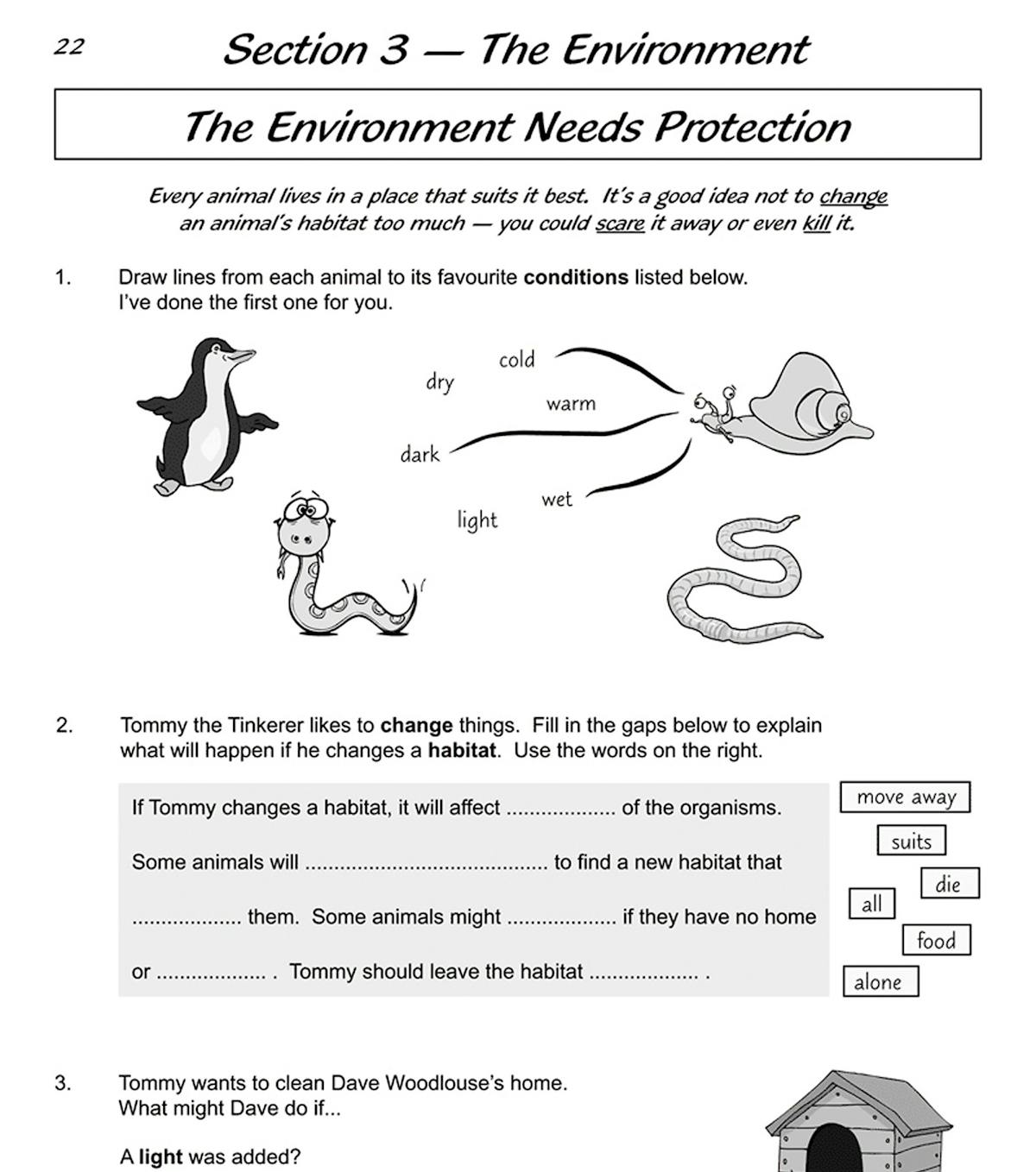 Inside pages showing fill-in-the-blank habitat questions with tree diagram and illustrated examples