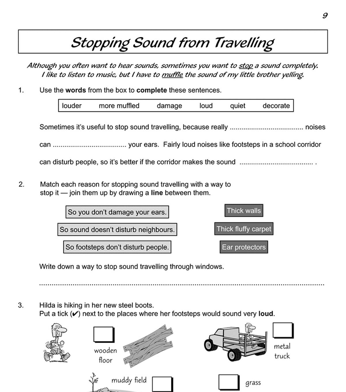 Inside page about stopping sound from travelling with matching exercises and real-world examples