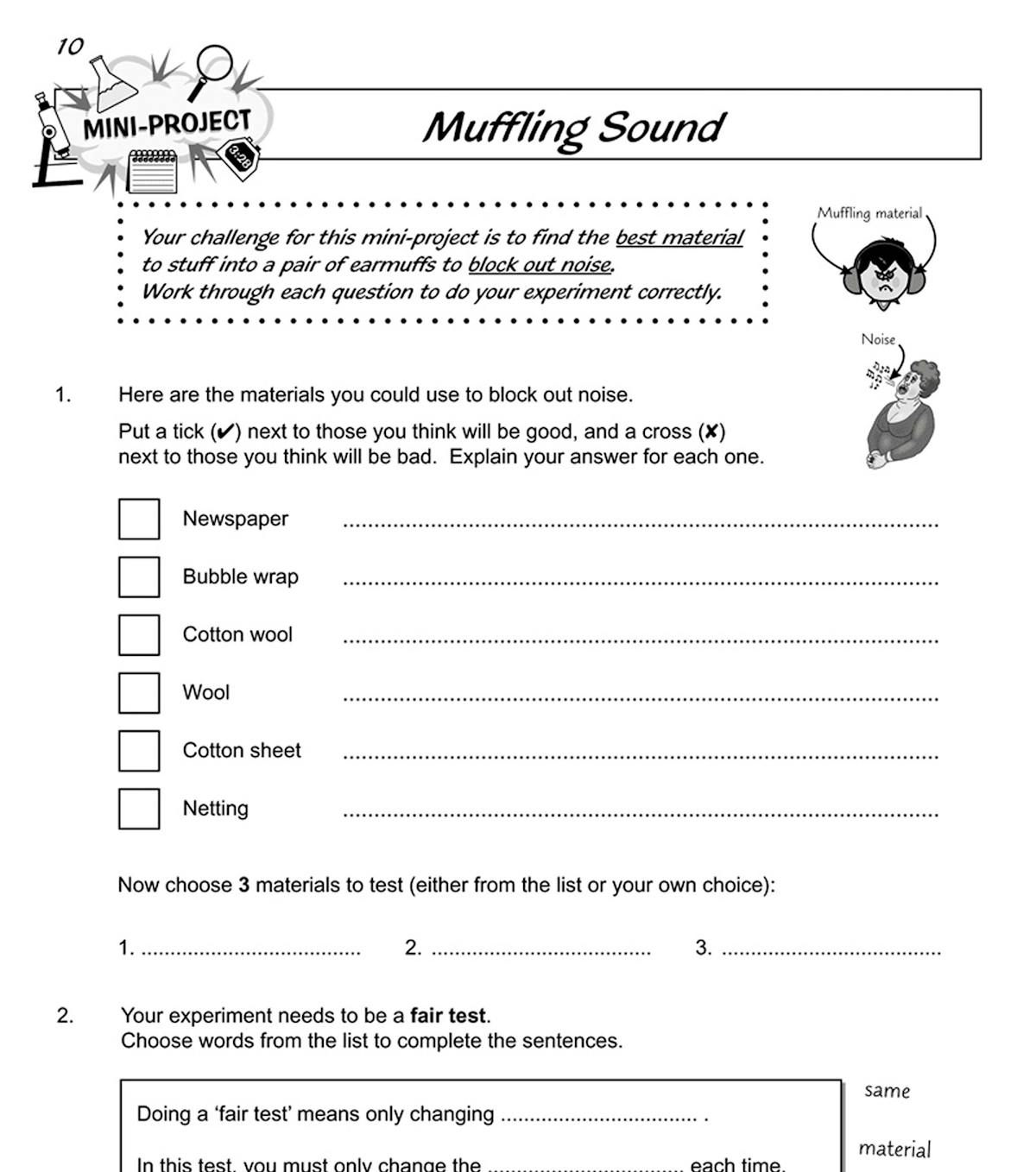 Year 4 Science Workout book showing mini-project activity on muffling sound with materials