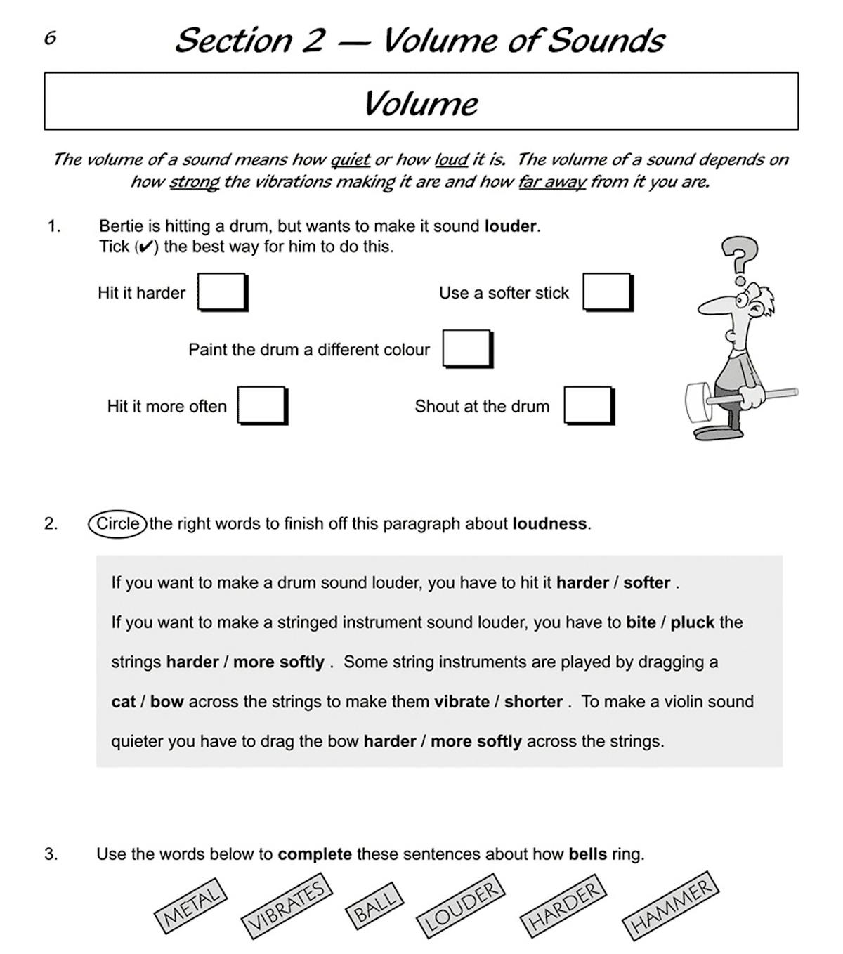 Practice questions on the volume and pitch of sounds with tick-box answers