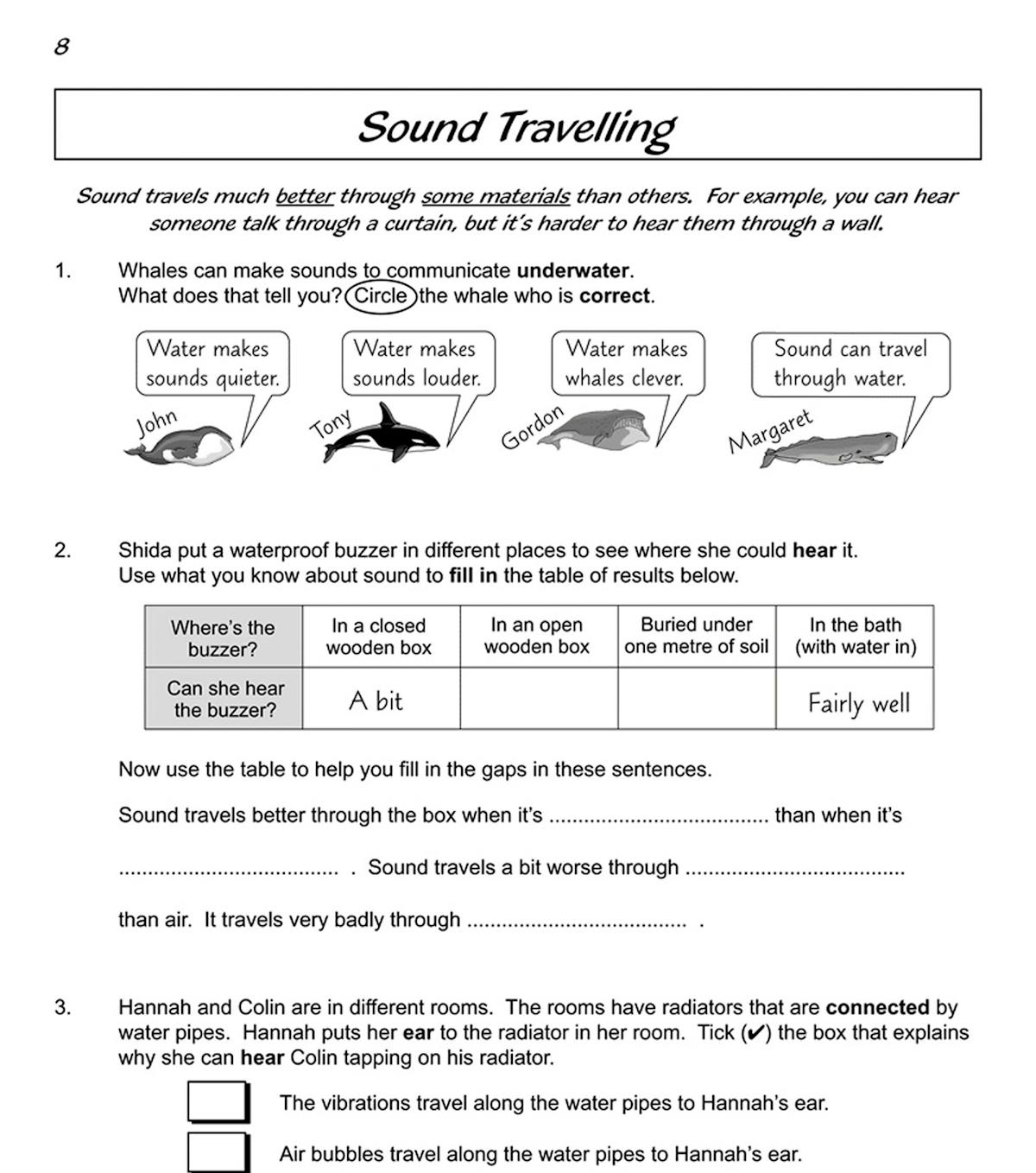 Inside page showing sound travelling through different materials with questions and illustrations