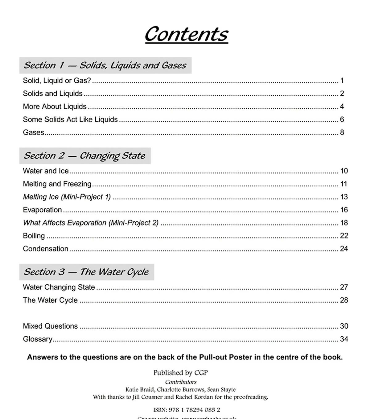 Contents page from the States of Matter workbook showing sections on solids, liquids, gases and changing state