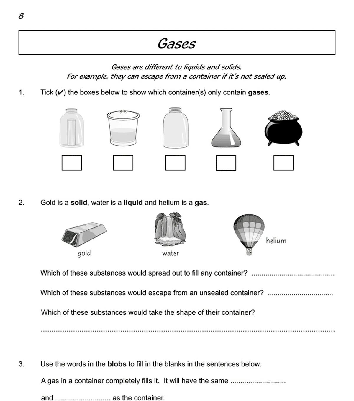 Sample page showing questions about solids and liquids with illustrations