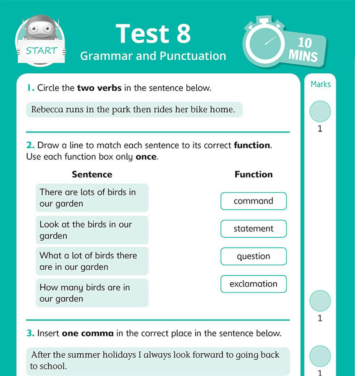 Year 4 SPaG 10-Minute SATs Tests showing Test 8 Grammar and Punctuation page with verb identification and sentence function questions