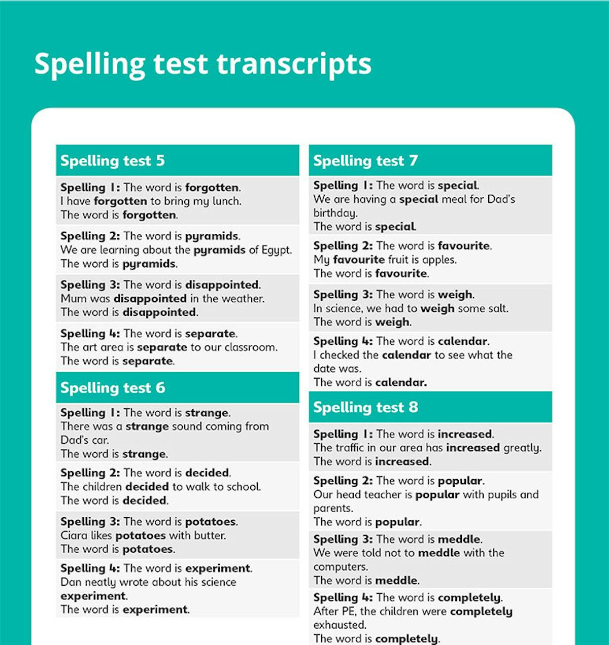 Spelling test transcripts showing word usage in context
