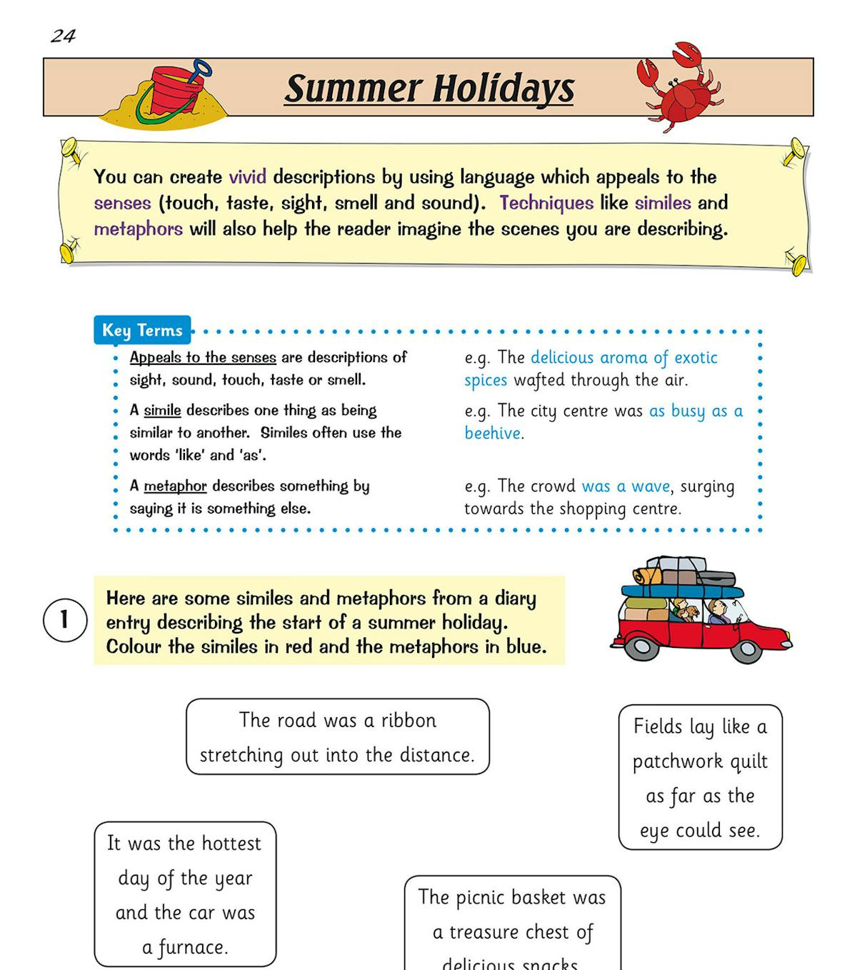 Colourful writing workbook page with engaging activity and text extract