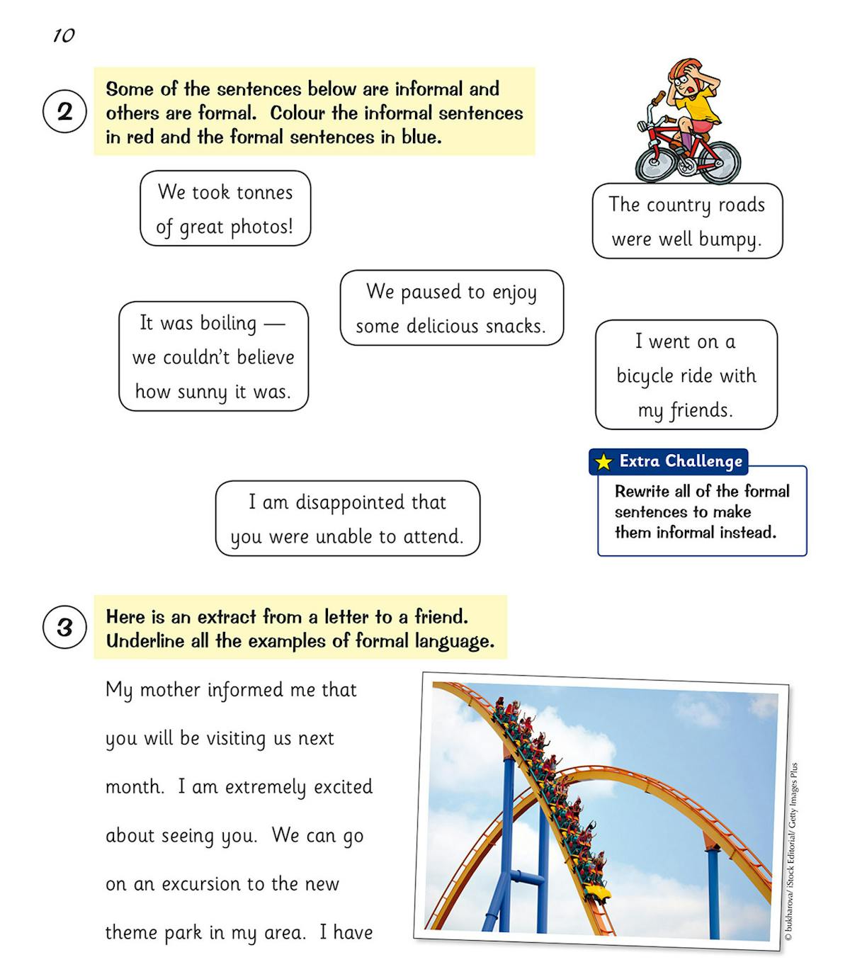 Inside pages of the Year 4 Writing Workbook showing sentence development activities