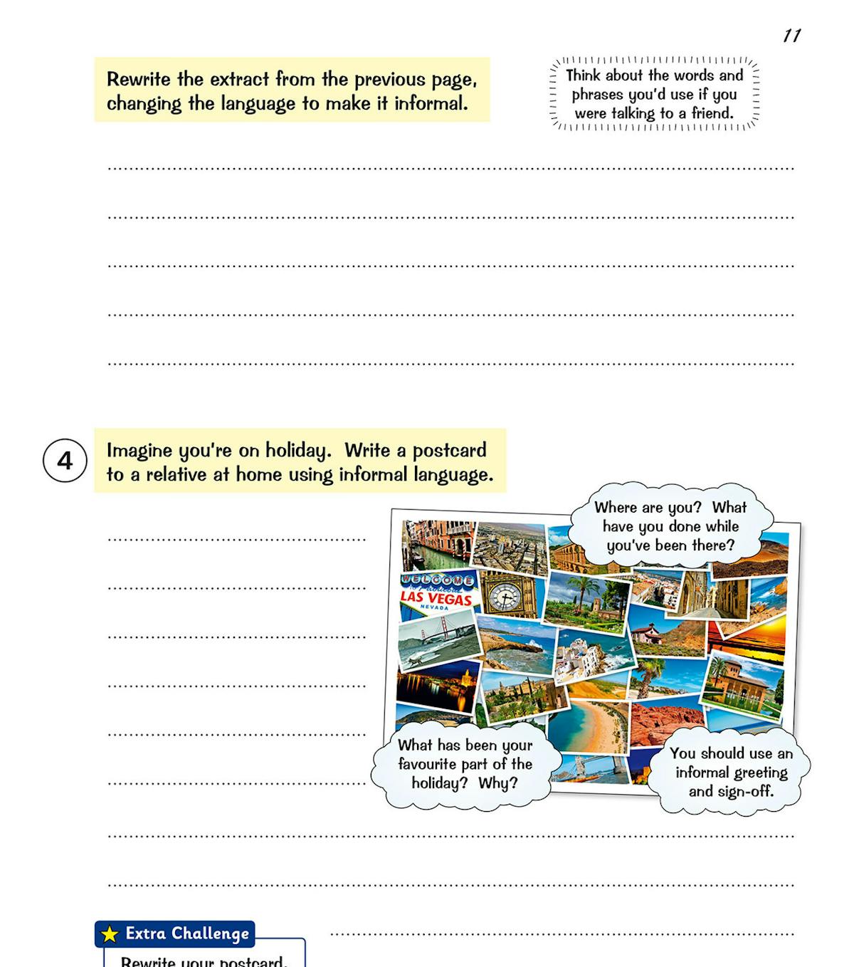 Practice page with writing prompts and space for pupils to complete creative tasks