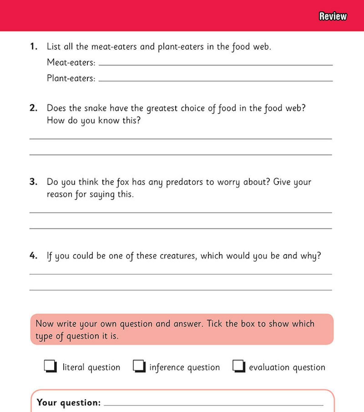 Year 5 comprehension workbook sample page showing review questions