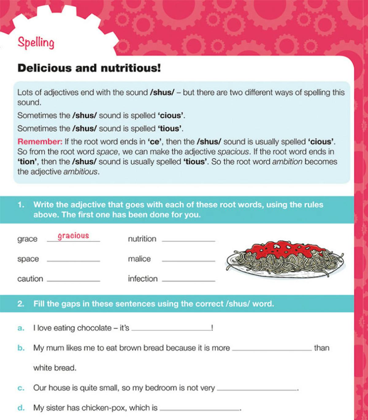 Year 5 spelling workbook page showing adjective suffix rules and practice exercises