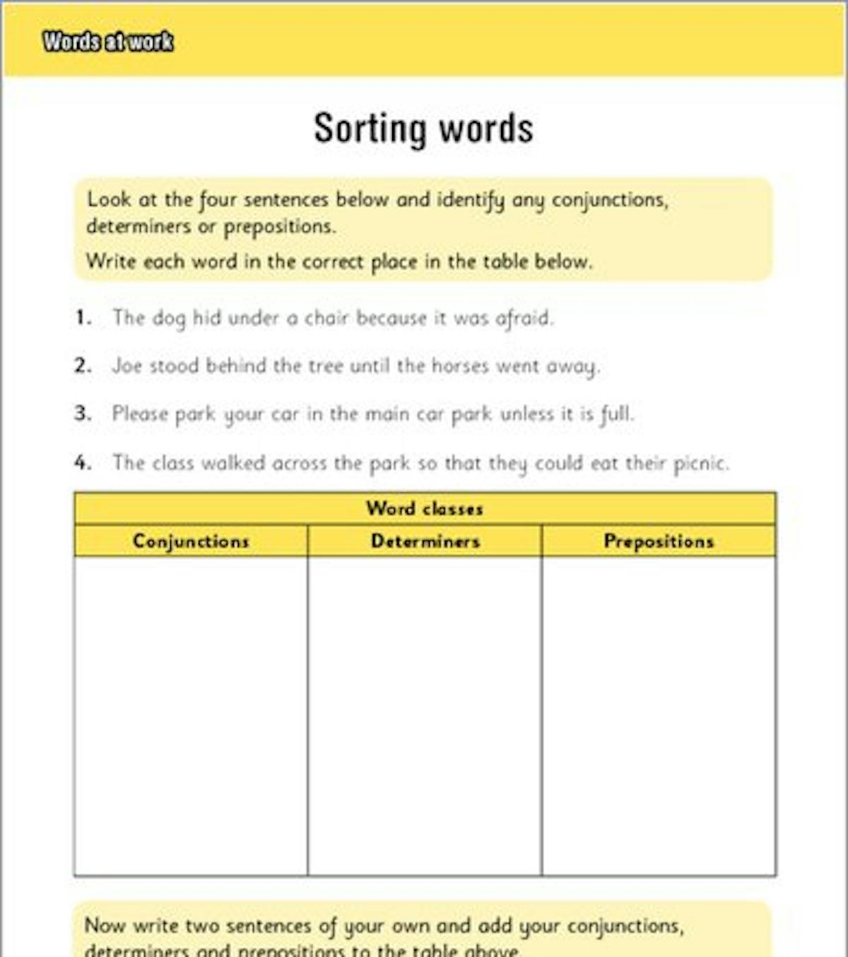 Inside page showing a sorting words activity with tables for conjunctions, determiners and prepositions