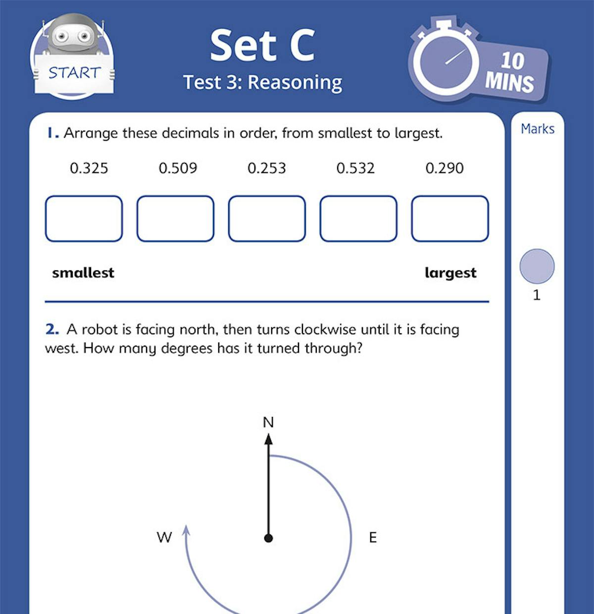 Year 5 Maths 10-Minute SATs test page showing reasoning questions with timer icon