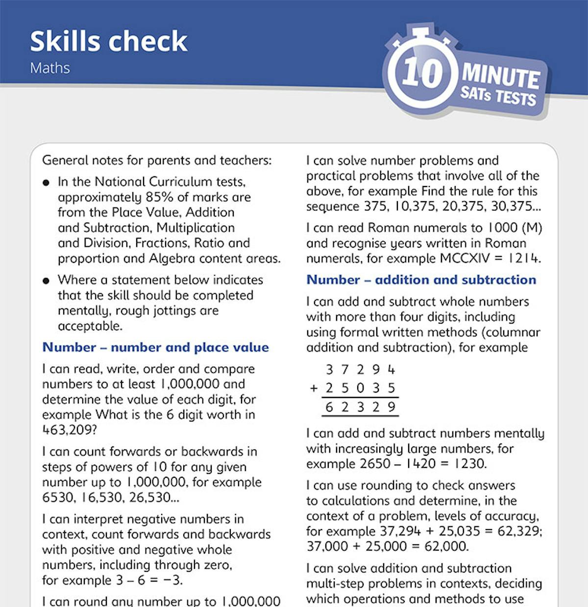 Skills check page listing National Curriculum maths objectives