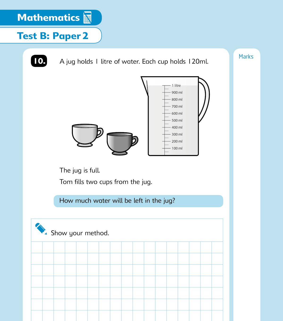 Sample question page showing a problem-solving task involving measurements and working space