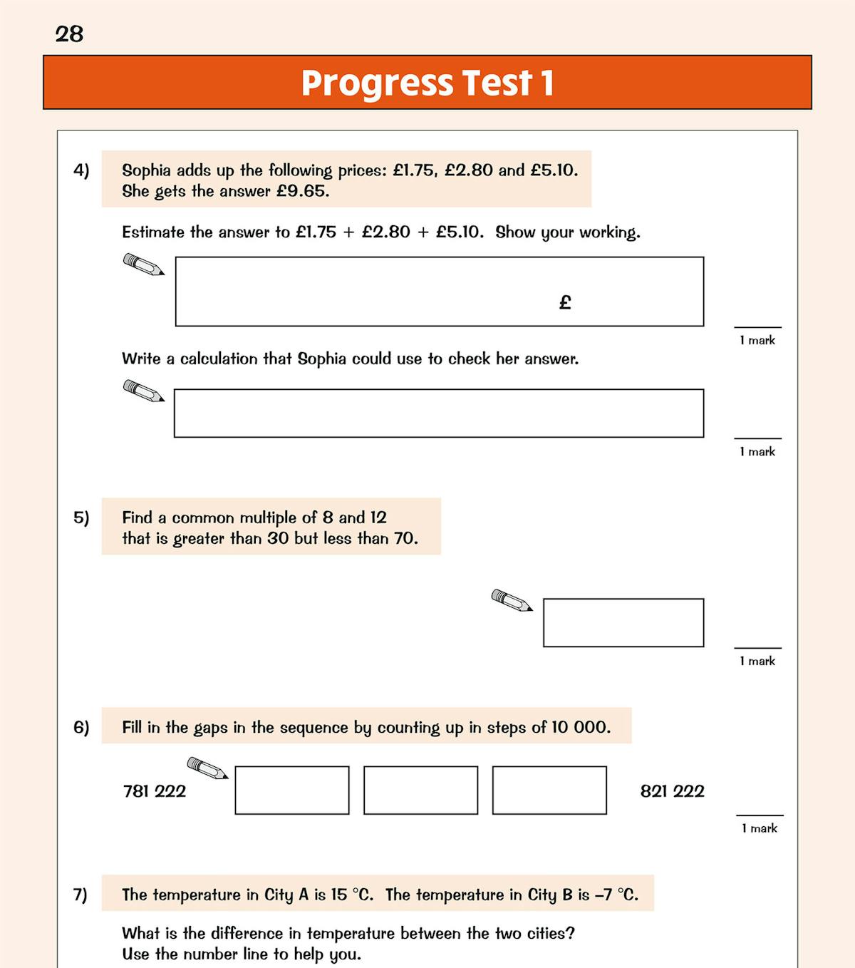 Progress Test page showing multi-step word problems and number work