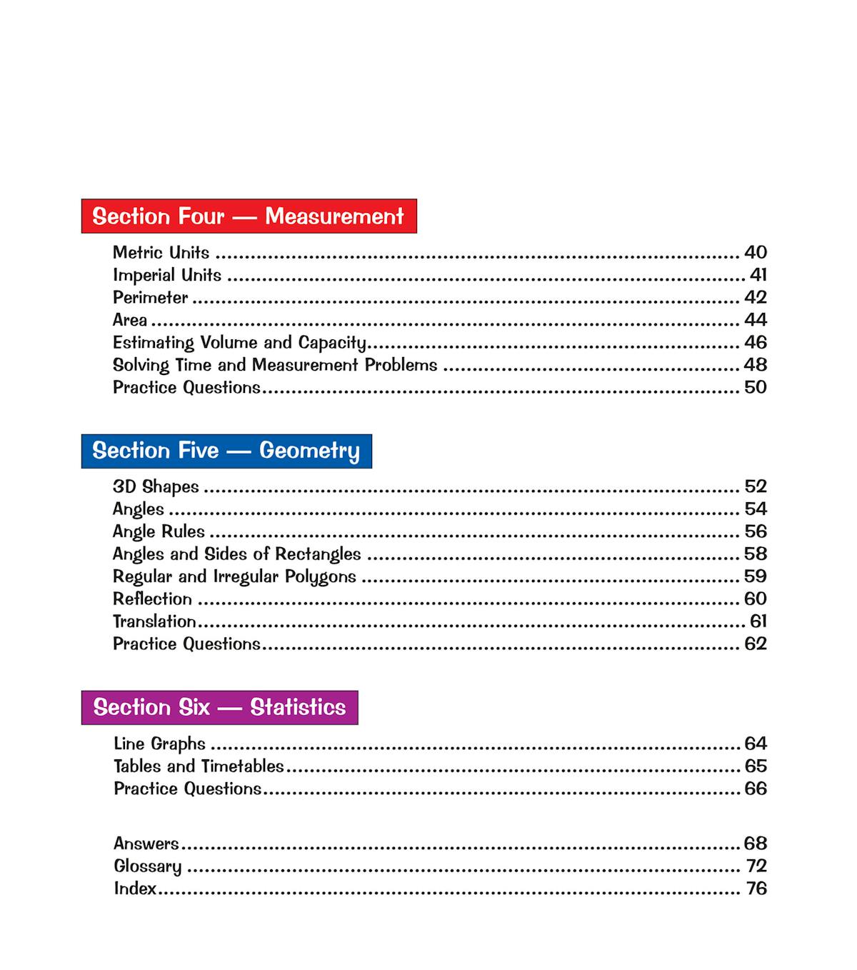 Contents page showing measurement and geometry sections