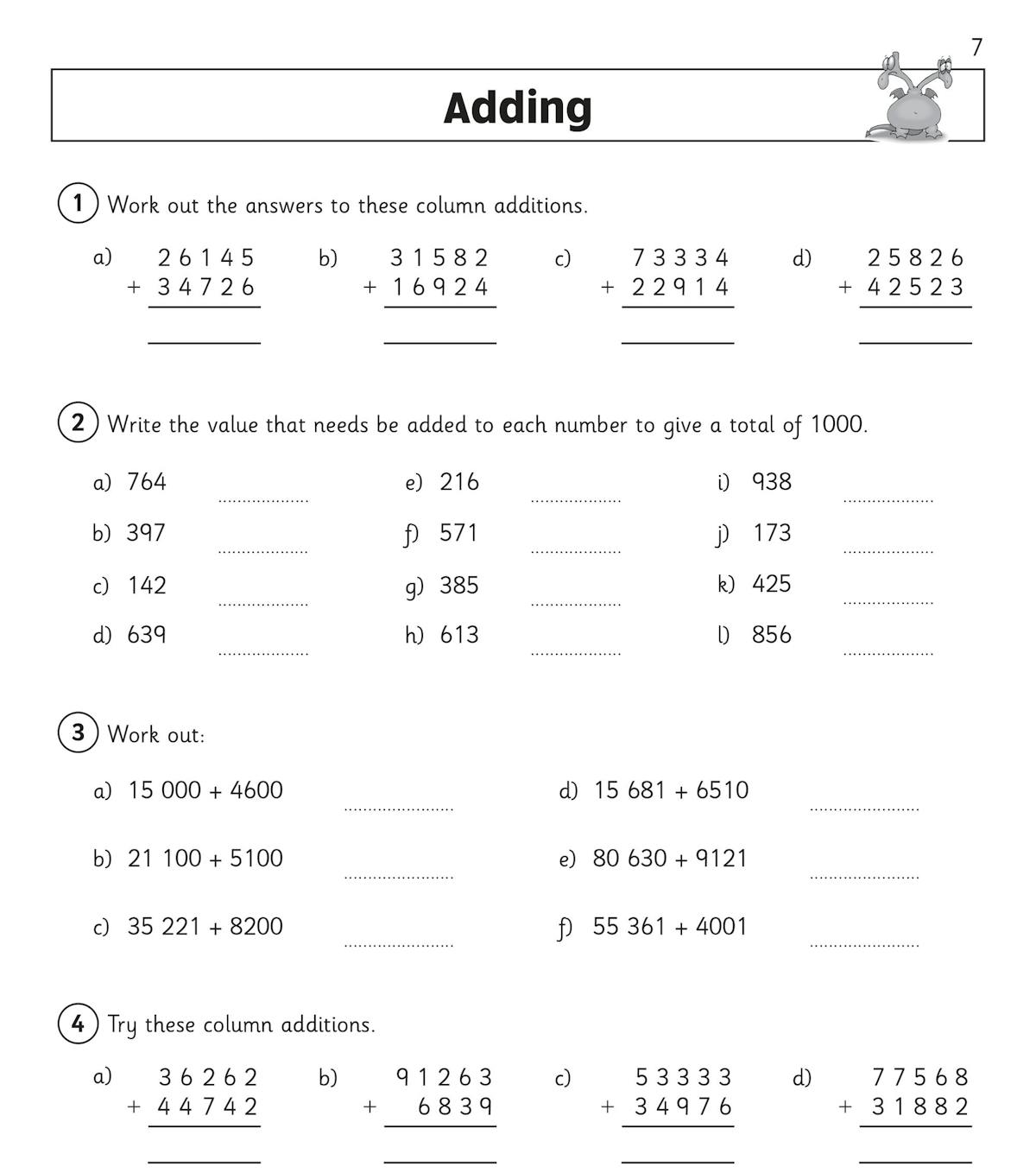 Sample page from Year 5 Maths Workout Book showing column addition exercises