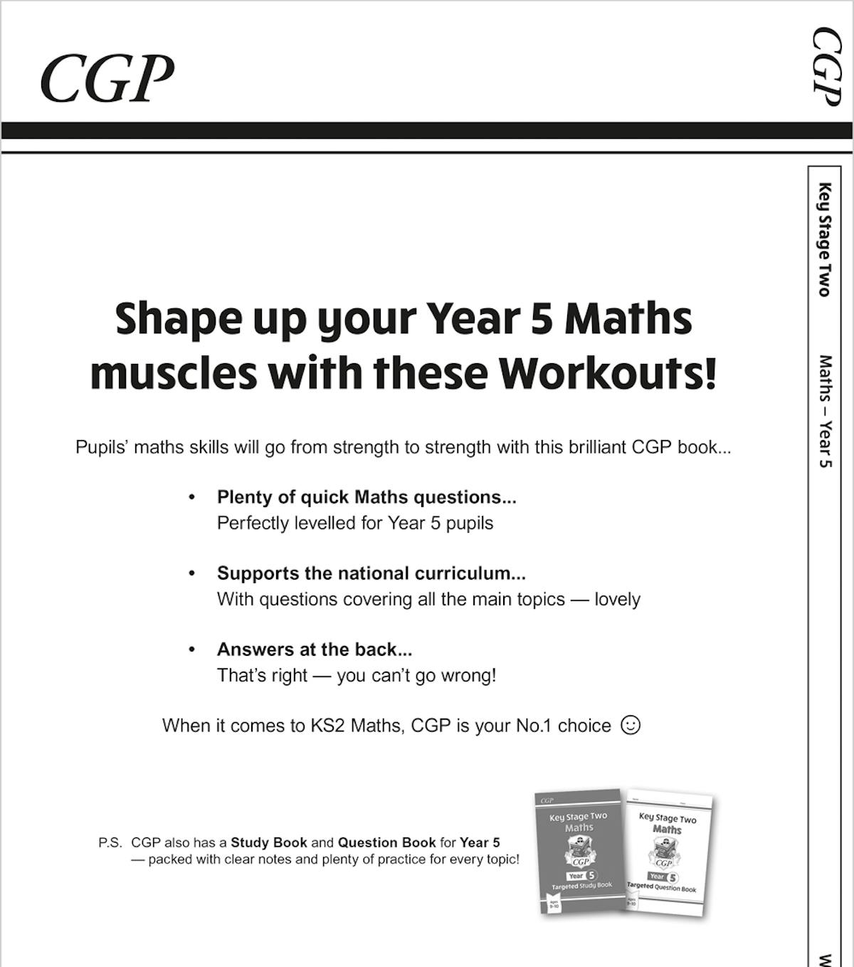 Back cover of Year 5 Maths Workout Book showing curriculum coverage and product features