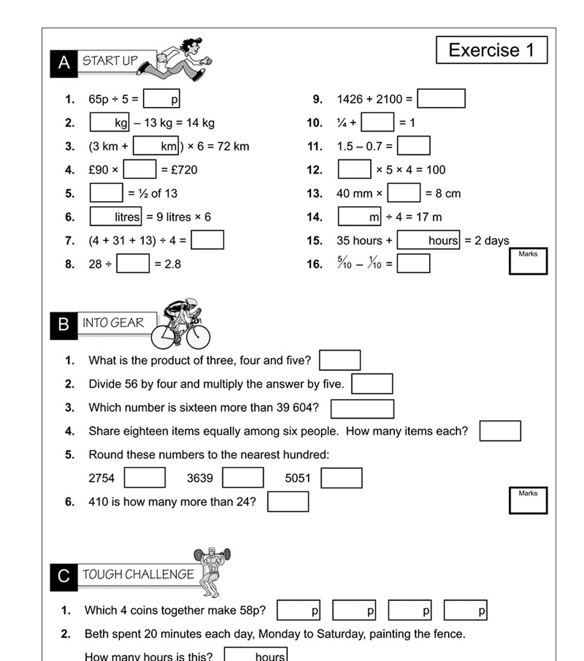 Sample page showing varied mental arithmetic exercises including fractions, money and word problems