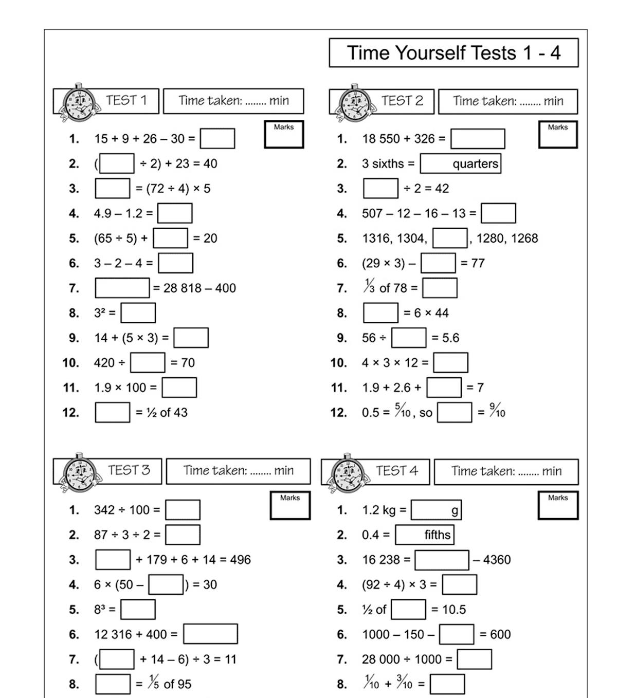 Time Yourself Tests pages showing timed mental arithmetic questions with space to record minutes taken
